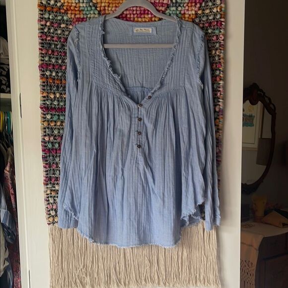 We The Free Blue Ruffled Buttoned Blouse - Picture 1 of 7